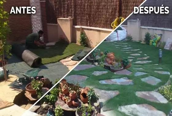 Jardín moderno con césped artificial instalado en Alcalá de Henares